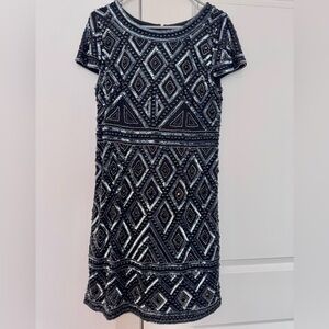 Adrianna Papell Black and Silver Beaded Short Sleeve Midi Dress